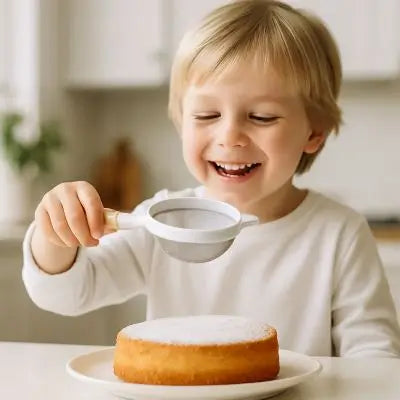 tamis - enfant tamise sucre sur un gateau